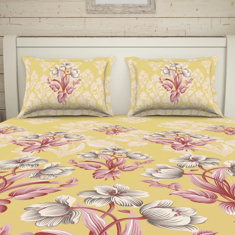 SPACES Essentials Yellow Floral Printed Cotton Super King Bedsheet Set - 274x274cm - 3Pcs