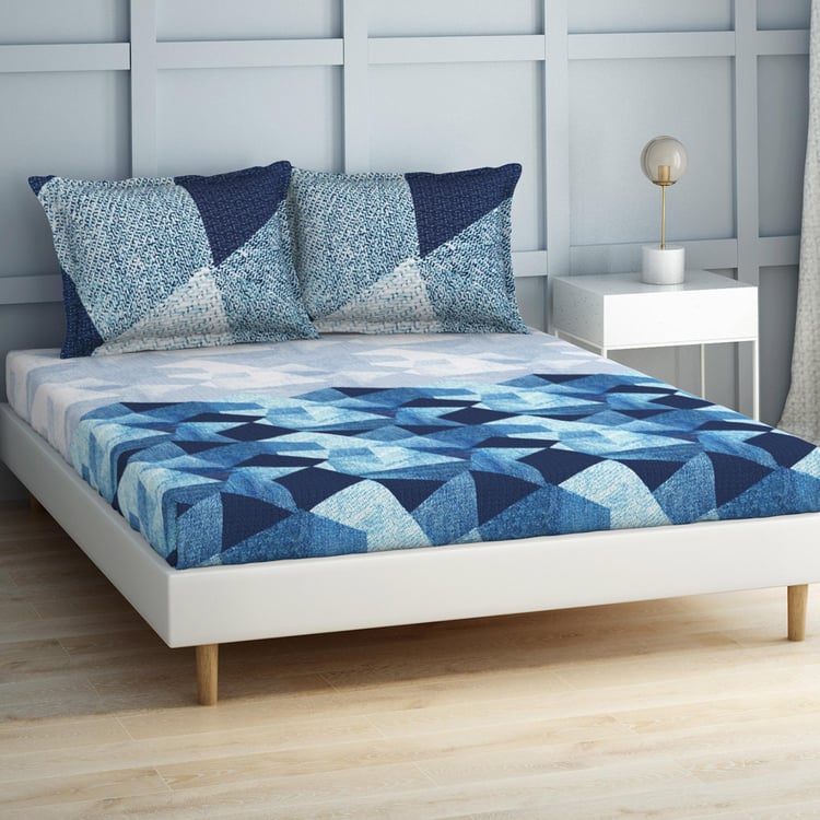 SPACES Deconstructed Blue Printed Air Purifying Cotton Super King Bedsheet Set - 274x274cm - 3Pcs