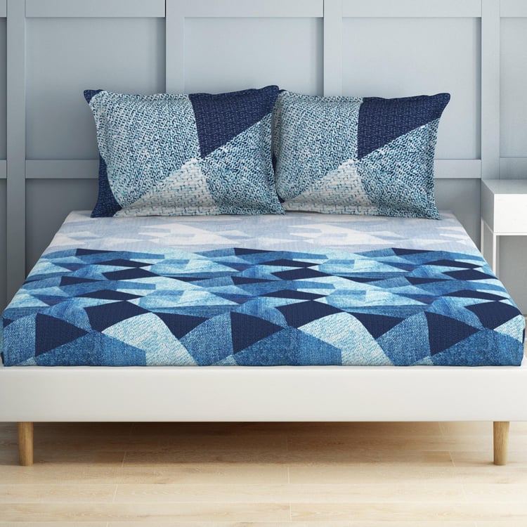 SPACES Deconstructed Blue Printed Air Purifying Cotton Super King Bedsheet Set - 274x274cm - 3Pcs
