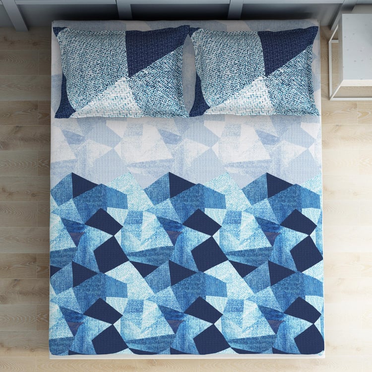 SPACES Deconstructed Blue Printed Air Purifying Cotton Super King Bedsheet Set - 274x274cm - 3Pcs