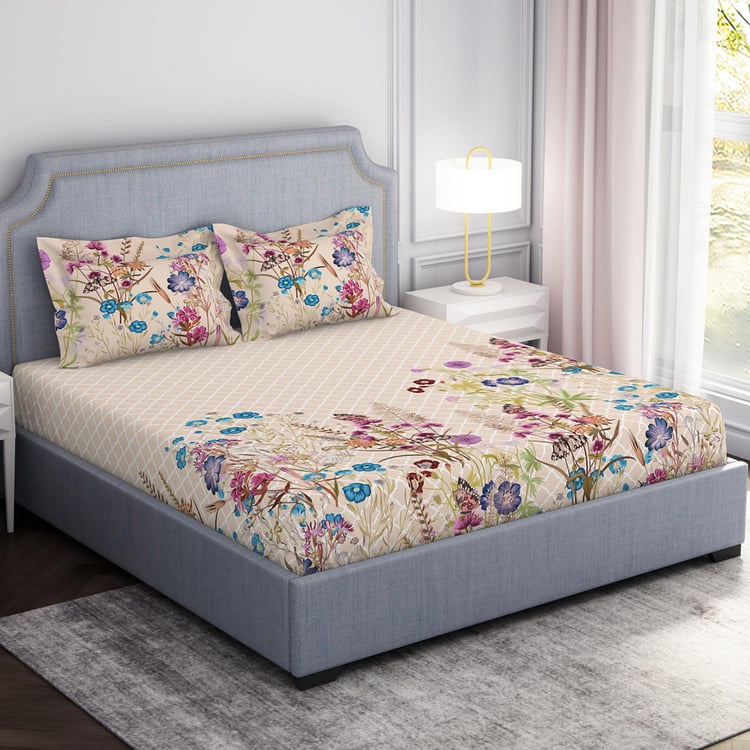 SPACES Hygro Beige Floral Printed Cotton Super King Bedsheet Set - 274x274cm - 3Pcs