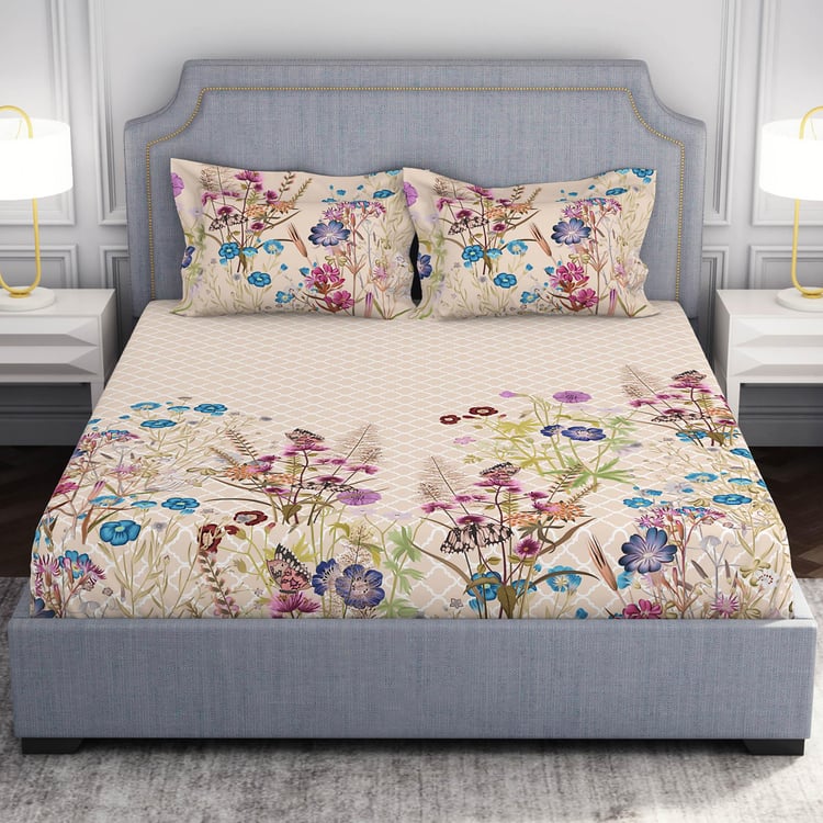 SPACES Hygro Beige Floral Printed Cotton Super King Bedsheet Set - 274x274cm - 3Pcs