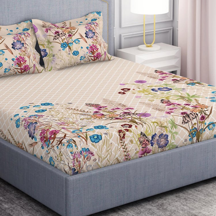 SPACES Hygro Beige Floral Printed Cotton Super King Bedsheet Set - 274x274cm - 3Pcs