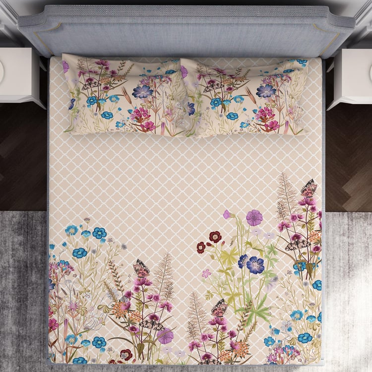 SPACES Hygro Beige Floral Printed Cotton Super King Bedsheet Set - 274x274cm - 3Pcs