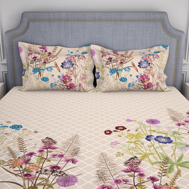 SPACES Hygro Beige Floral Printed Cotton Super King Bedsheet Set - 274x274cm - 3Pcs