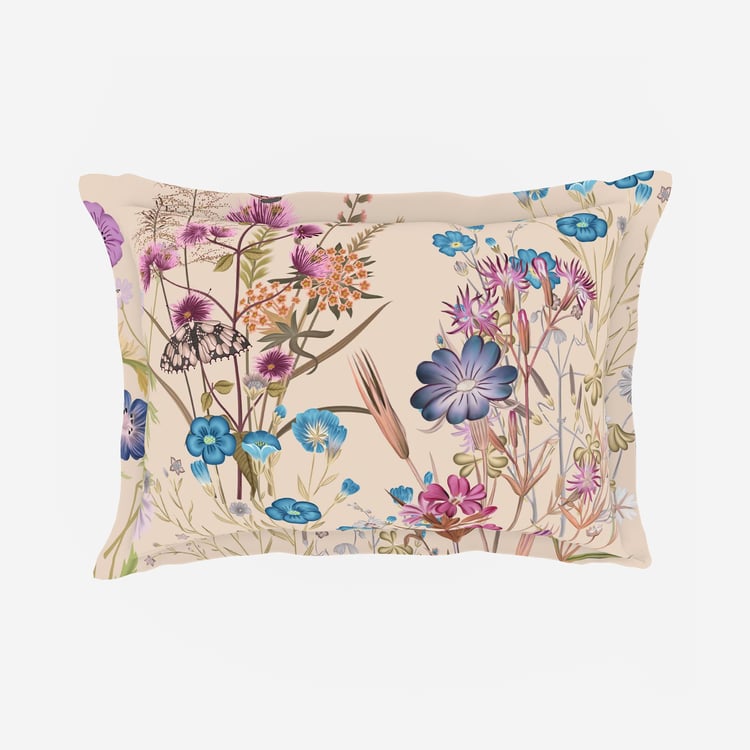 SPACES Hygro Beige Floral Printed Cotton Super King Bedsheet Set - 274x274cm - 3Pcs