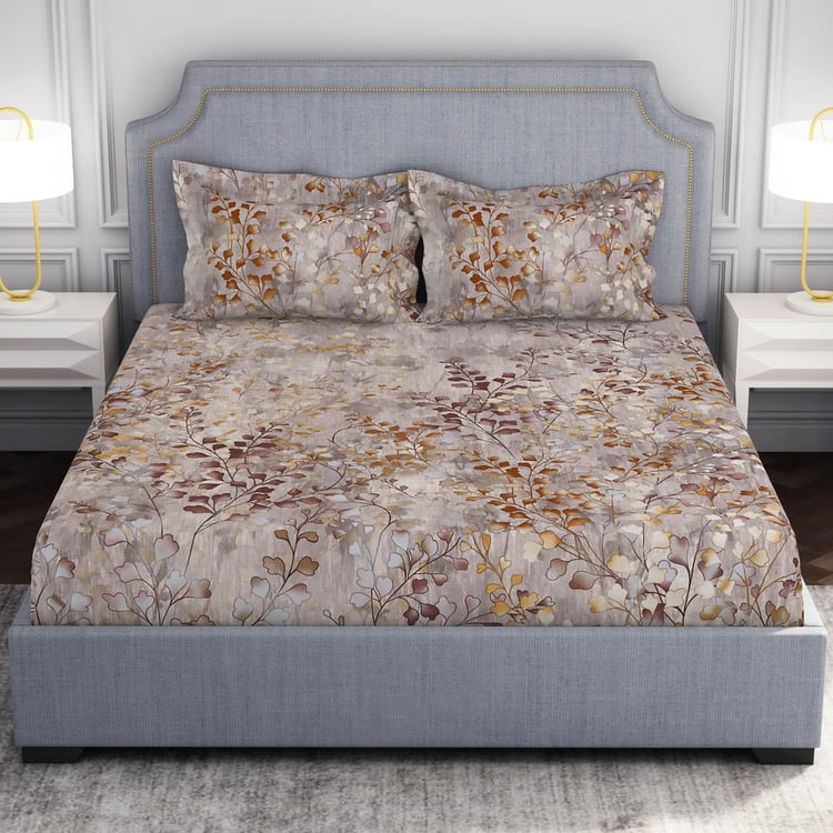 SPACES Hygro Brown Printed Cotton Super King Bedsheet Set - 274x274cm - 3Pcs