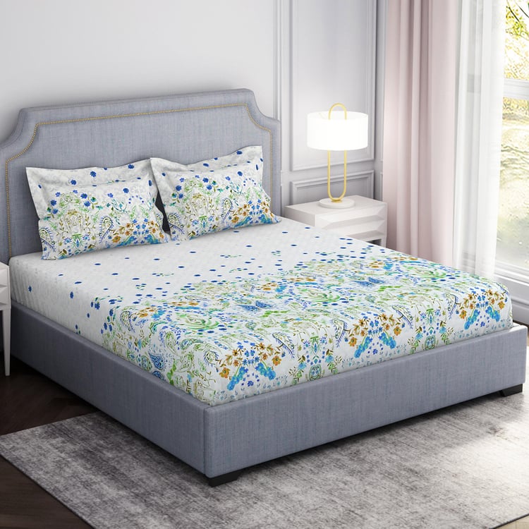 SPACES Hygro Blue Floral Printed Cotton Super King Bedsheet Set - 274x274cm - 3Pcs