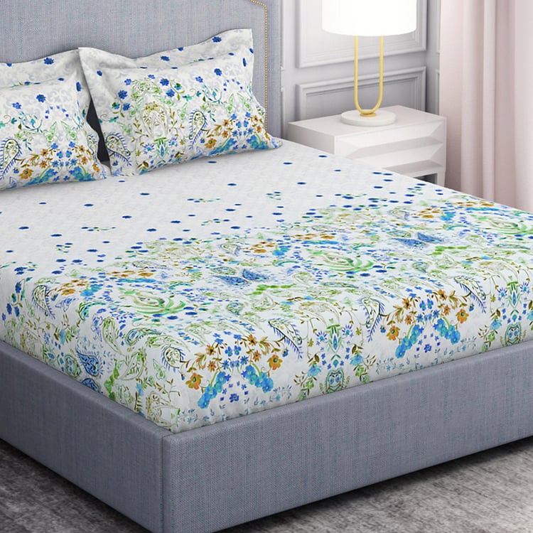 SPACES Hygro Blue Floral Printed Cotton Super King Bedsheet Set - 274x274cm - 3Pcs