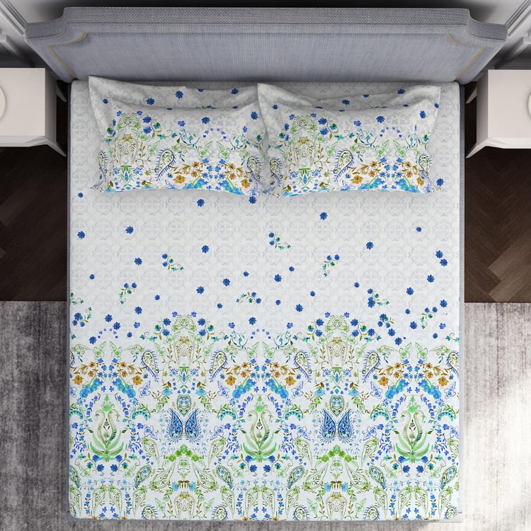 SPACES Hygro Blue Floral Printed Cotton Super King Bedsheet Set - 274x274cm - 3Pcs