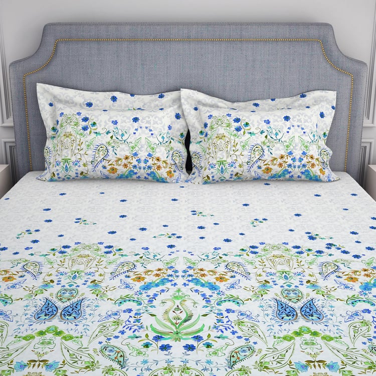 SPACES Hygro Blue Floral Printed Cotton Super King Bedsheet Set - 274x274cm - 3Pcs