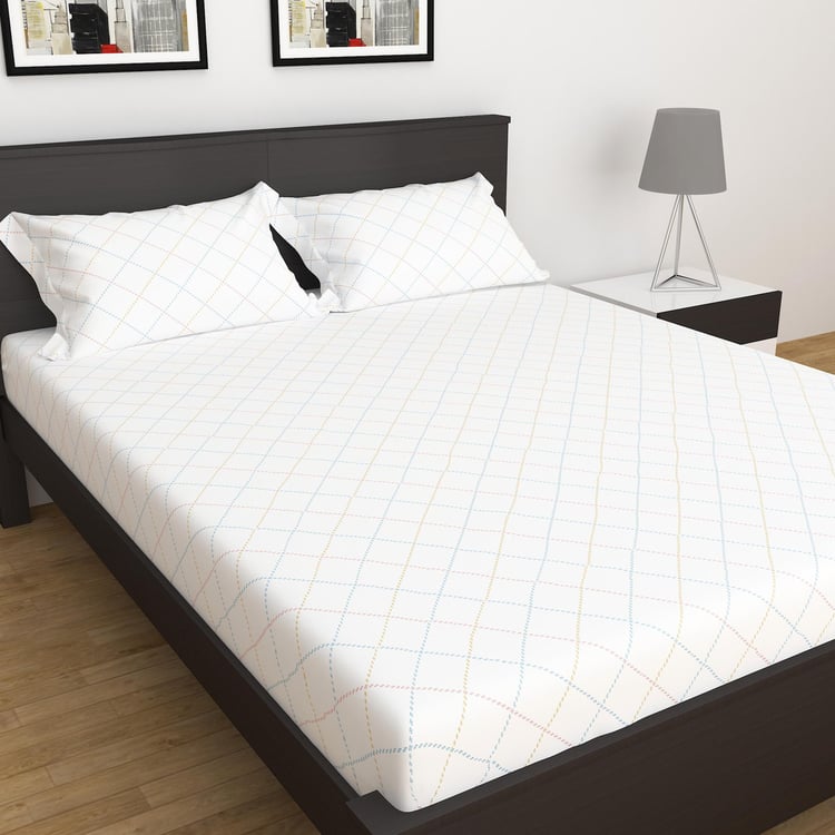 Bouquet White Checked Fitted King Bedsheet Set - 180x195cm - 3Pcs