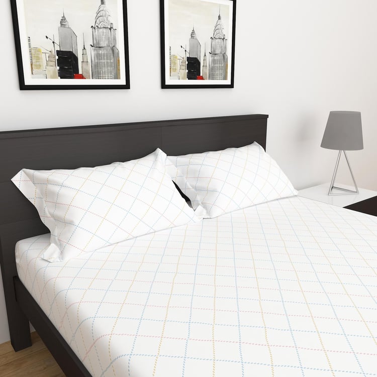 Bouquet White Checked Fitted King Bedsheet Set - 180x195cm - 3Pcs