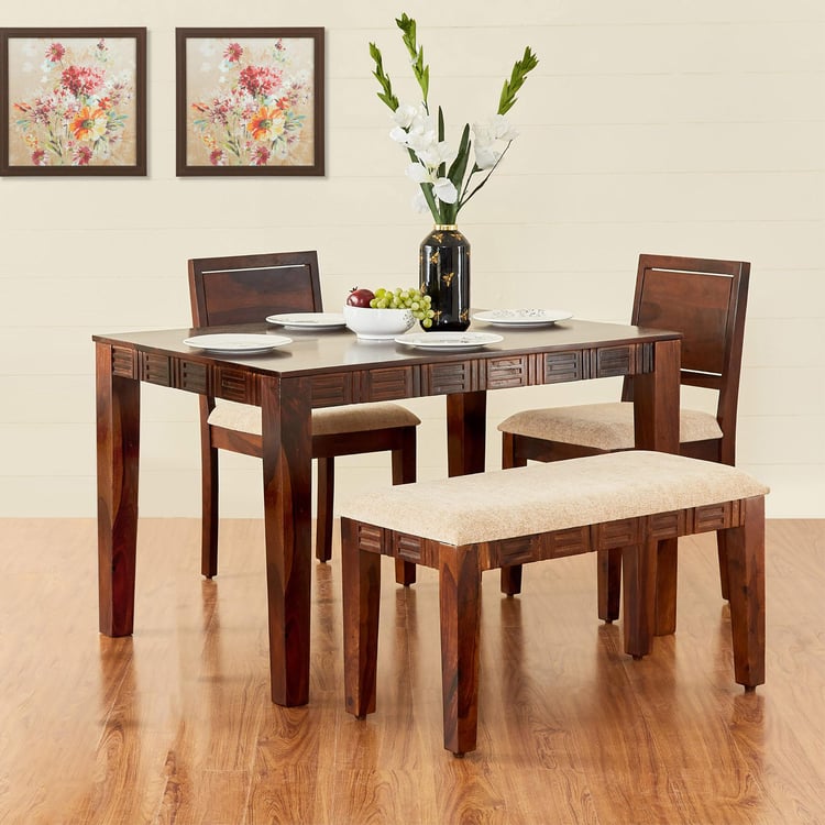 Keya Brown Sheesham Wood 4 Seater Dining Table Set With 2 Chairs And 1 Bench