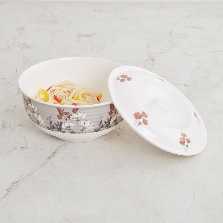 Meadows-Peony White Printed Melamine Serving Bowl With Lid