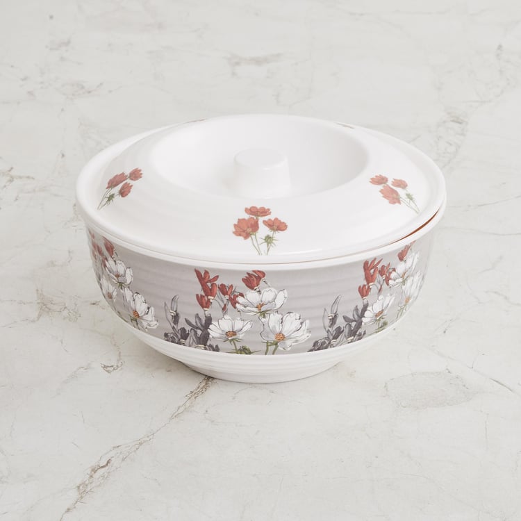 Meadows-Peony White Printed Melamine Serving Bowl With Lid