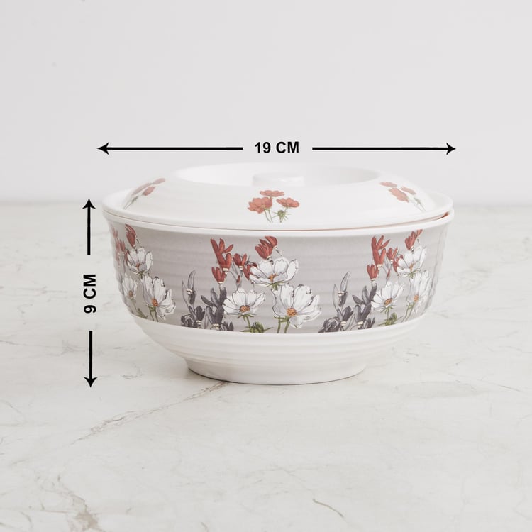 Meadows-Peony White Printed Melamine Serving Bowl With Lid