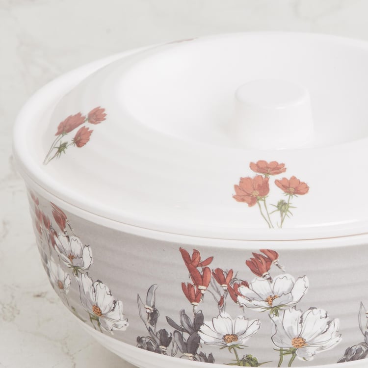 Meadows-Peony White Printed Melamine Serving Bowl With Lid