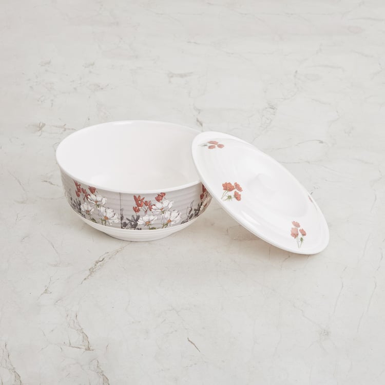 Meadows-Peony White Printed Melamine Serving Bowl With Lid