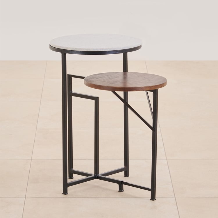 Helios York Marble Top 2-Step End Table - White and Brown