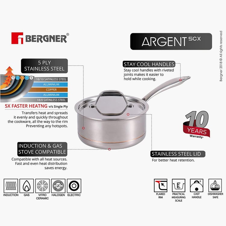 BERGNER Argent 5cx Silver Solid Stainless Steel Saucepan with Lid - 1.6l