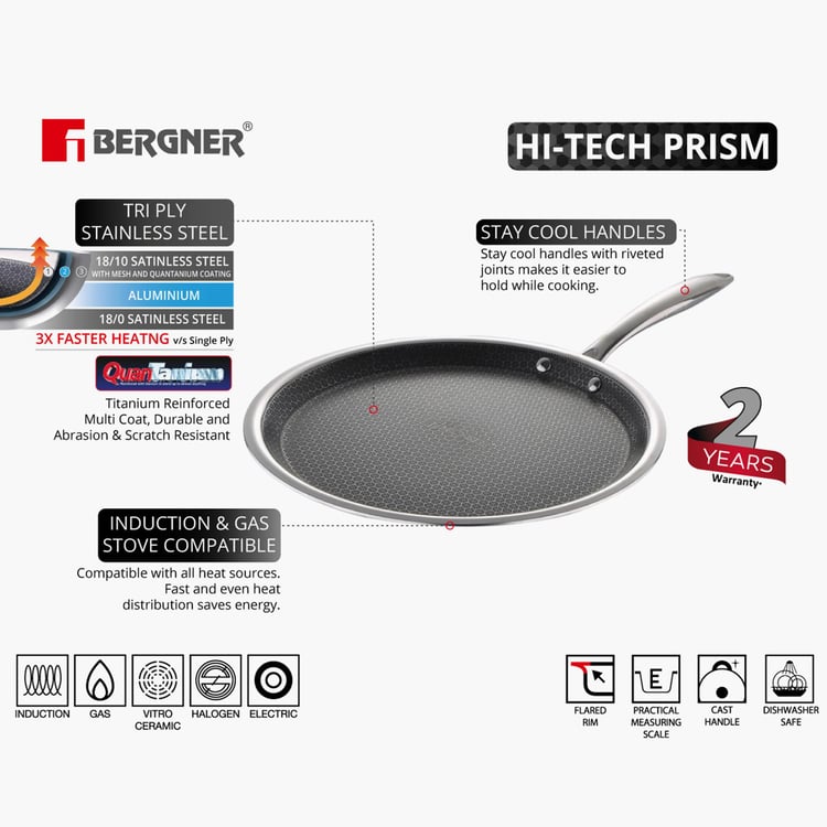 BERGNER Hitech Prism Non-Stick Stainless Steel Dosa Tawa - 28 cm
