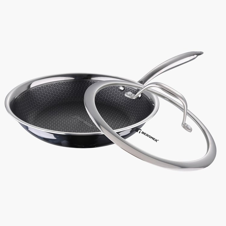 BERGNER Hitech Prism Non-Stick Stainless Steel Frying Pan with Glass Lid - 28 cm