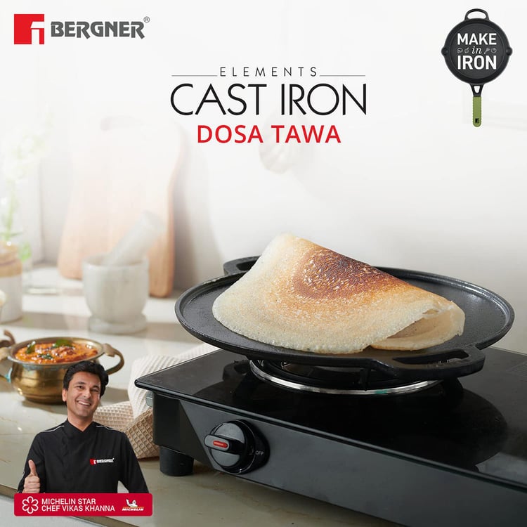 BERGNER Elements Black Cast Iron Flat Dosa Tawa - 30cm