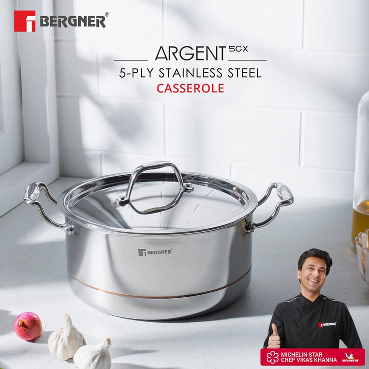 BERGNER Argent 5cx Silver Solid Stainless Steel Casserole with Lid - 4.9l