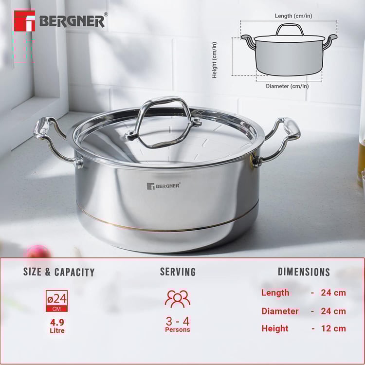 BERGNER Argent 5cx Silver Solid Stainless Steel Casserole with Lid - 4.9l