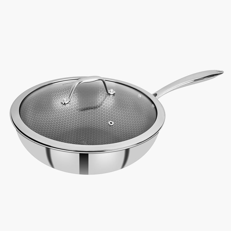 BERGNER Hitech Silver Solid Triply Stainless Steel Induction Base Fry Pan With Glass Lid - 4.5L