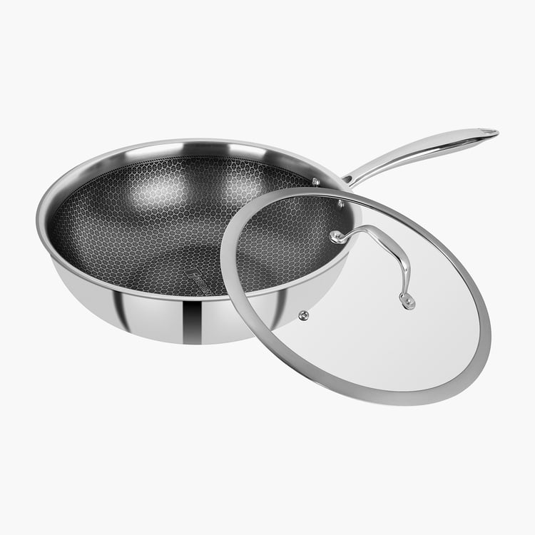 BERGNER Hitech Silver Solid Triply Stainless Steel Induction Base Fry Pan With Glass Lid - 4.5L