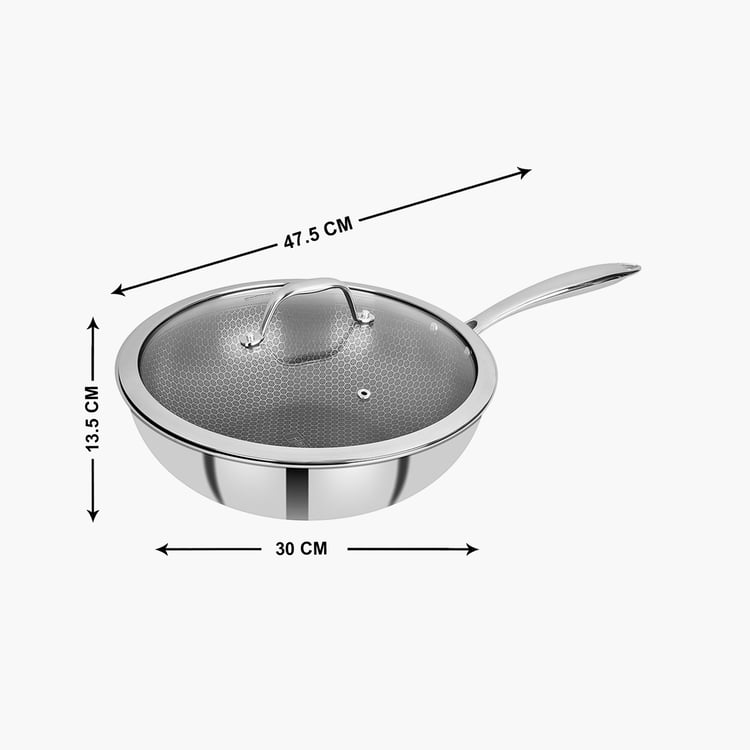 BERGNER Hitech Silver Solid Triply Stainless Steel Induction Base Fry Pan With Glass Lid - 4.5L