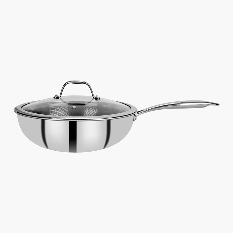 BERGNER Hitech Silver Solid Triply Stainless Steel Induction Base Fry Pan With Glass Lid - 4.5L