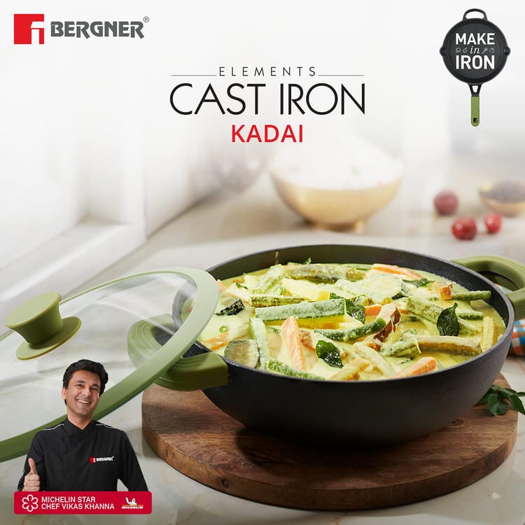 BERGNER Elements Green and Black Cast Iron Kadai with Lid - 2l