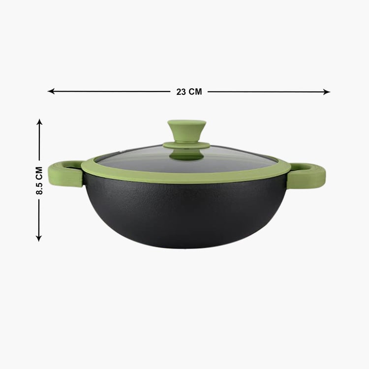 BERGNER Elements Green and Black Cast Iron Kadai with Lid - 2l