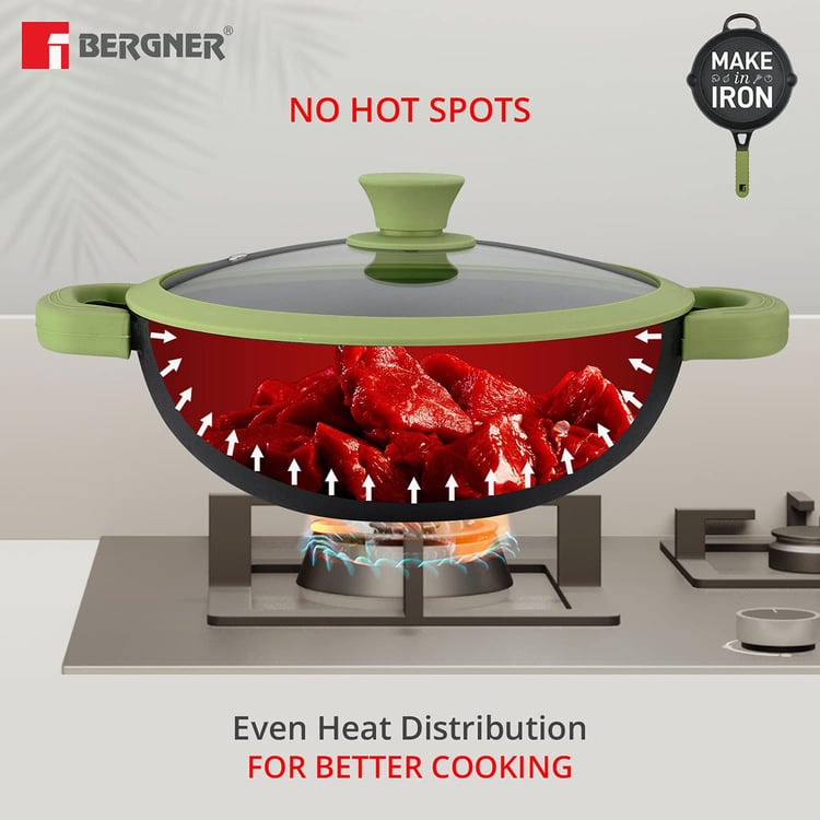 BERGNER Elements Green and Black Cast Iron Kadai with Lid - 2l