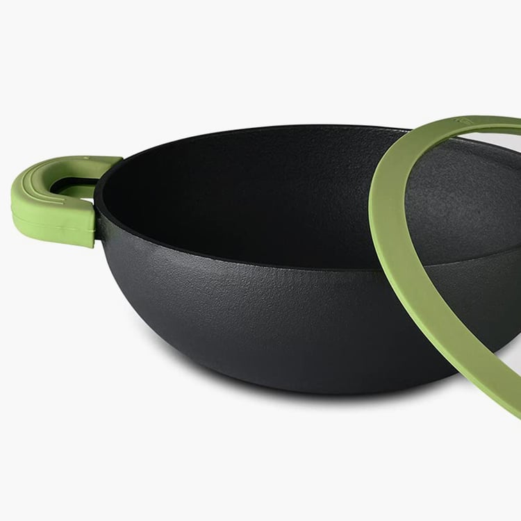 BERGNER Elements Green and Black Cast Iron Kadai with Lid - 2l