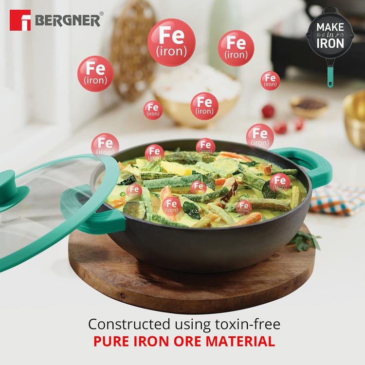 BERGNER Elements Green and Black Cast Iron Kadai with Lid - 2l