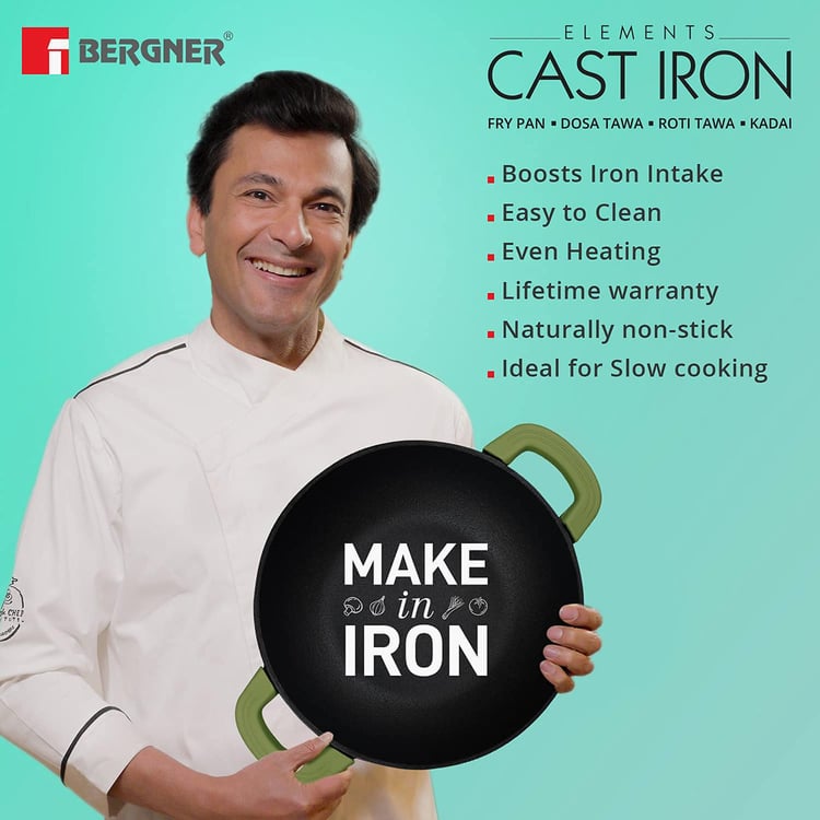 BERGNER Elements Green and Black Cast Iron Kadai with Lid - 2l