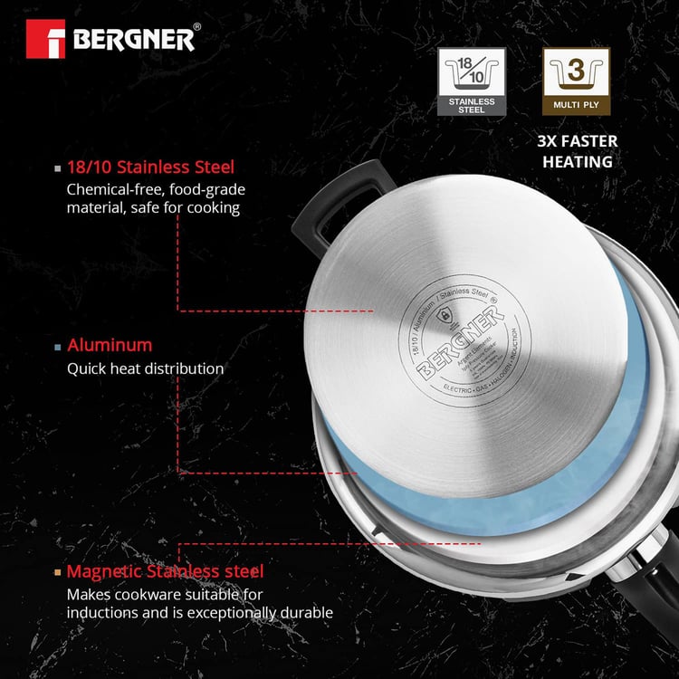 BERGNER Argent Elements Silver Stainless Steel Pressure Cooker With Outer Lid - 3.5l