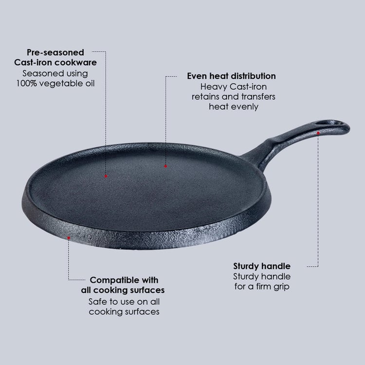 WONDERCHEF Forza Black Pre-Seasoned Cast Iron Dosa Tawa - 27.3cm