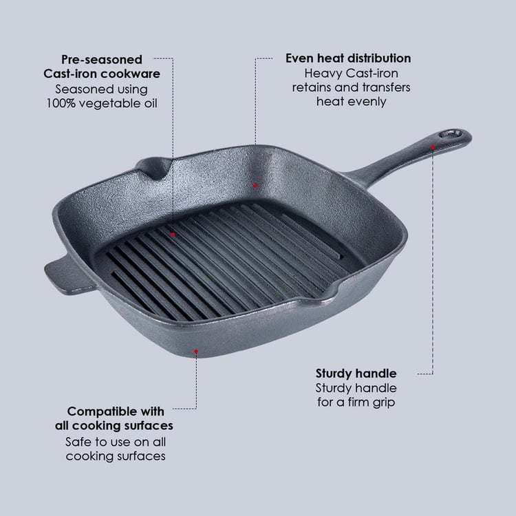 WONDERCHEF Forza Black Pre-Seasoned Cast Iron Grill Pan - 28.2cm