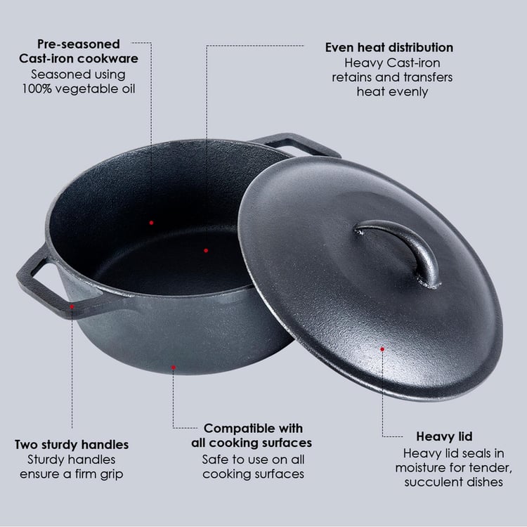 WONDERCHEF Forza Black Pre-Seasoned Cast Iron Casserole with Lid - 4.7l