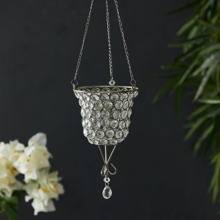 Fiesta Crystal Glass Hanging Votive Holder - Silver