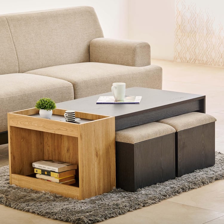 Kiro Coffee Table with Stools - Black and Brown