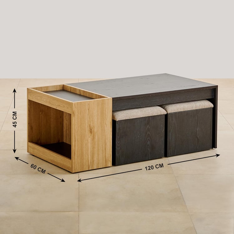 Kiro Coffee Table with Stools - Black and Brown
