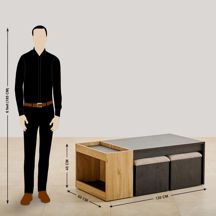 Kiro Coffee Table with Stools - Black and Brown