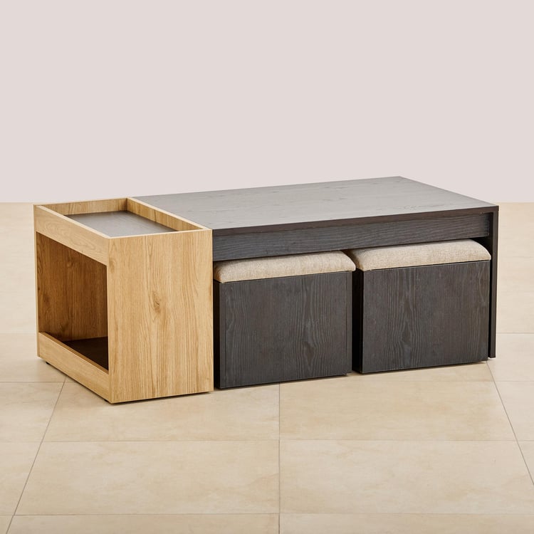 Kiro Coffee Table with Stools - Black and Brown
