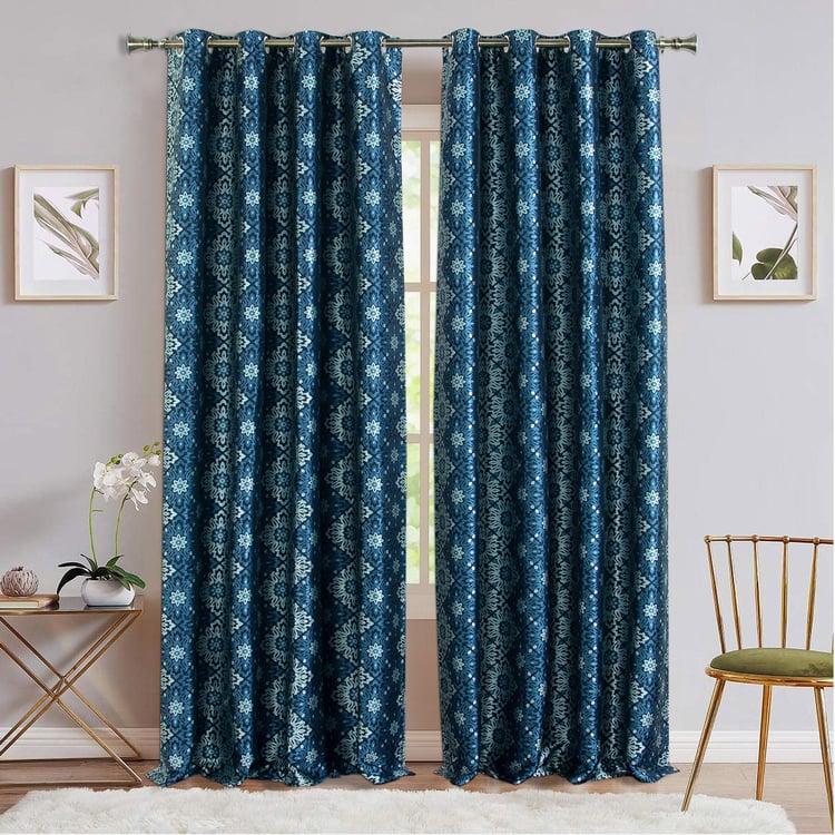 DECO WINDOW Stock Fabric Jayanita Blue Printed Semi-Blackout Door Curtains with Hanging Rod Eyelets - 37x30cm - Set of 2